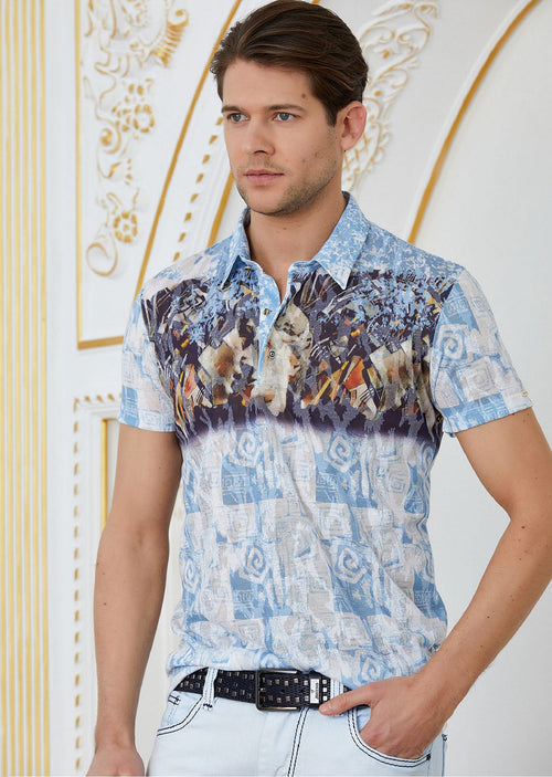 Blue "Double Face" Burn-out Print Polo