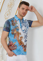 Blue "Tiger Crown" Burn-out Print Polo