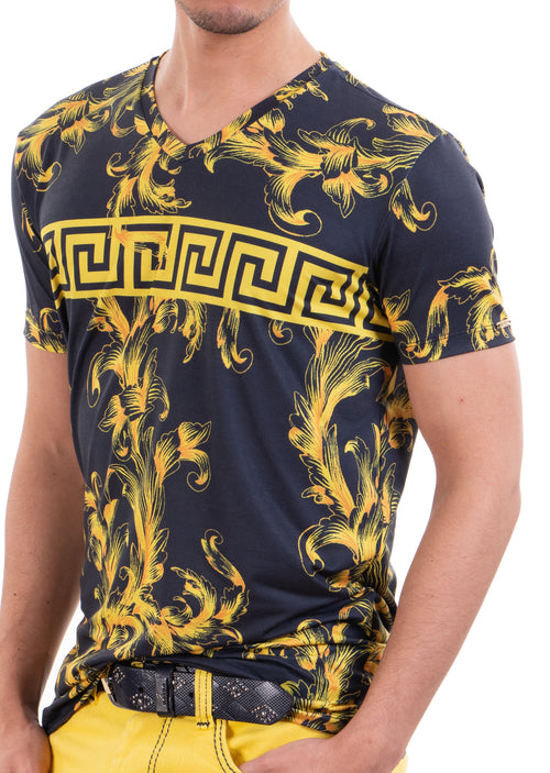 Black Yellow Barocco Meander Print Tee