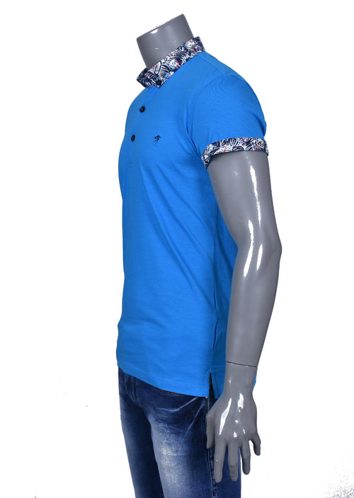 Blue Printed Detailed Collar Polo