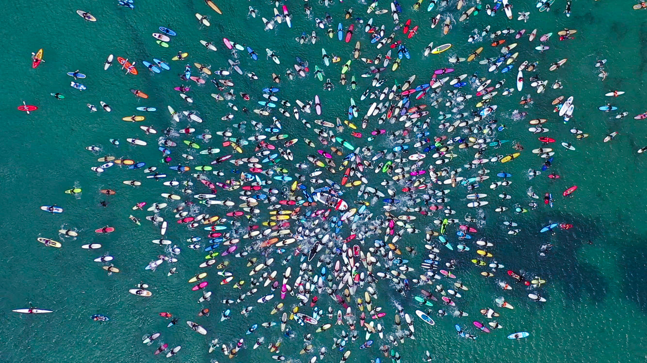 The massive Torquay paddle-out, viewed from the air.