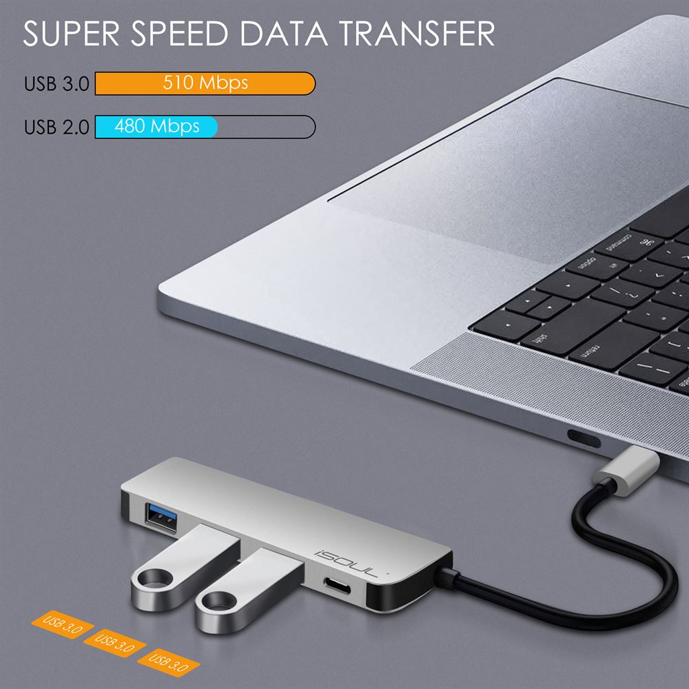 Usb C Hub To Usb A 4 Port Hub And Pd Power Delivery Isoul 