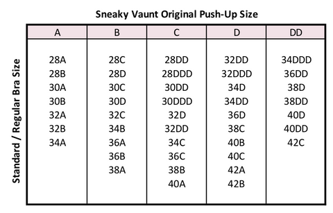 Sneaky Vaunt bra size guide, bra size guide, backless bra size guide, strapless bra size guide, stick-on bra size guide