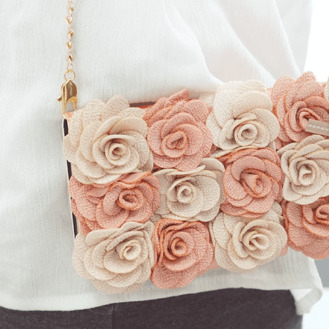Full Set: Bella Rosette Hand Made Wallet Case - Pink + Phone Chain - JessicaCollection