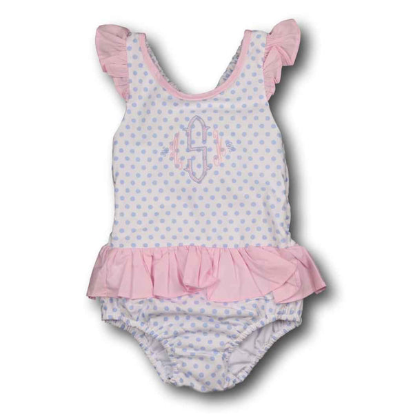 Blue Dot Swimsuit with Pink Trim