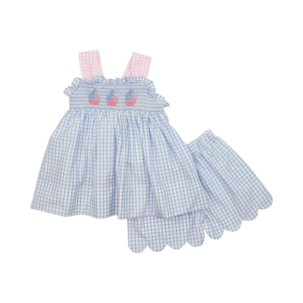 Blue Windowpane Embroidered Sailboat Short Set