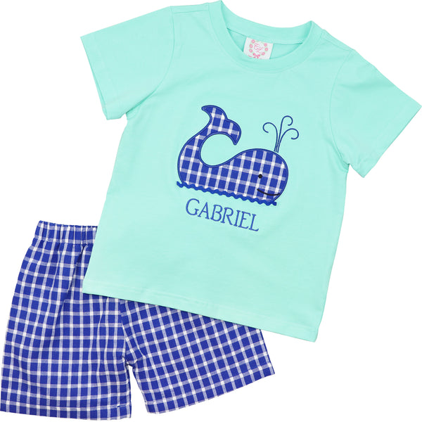 Mint and Navy Check Whale Short Set