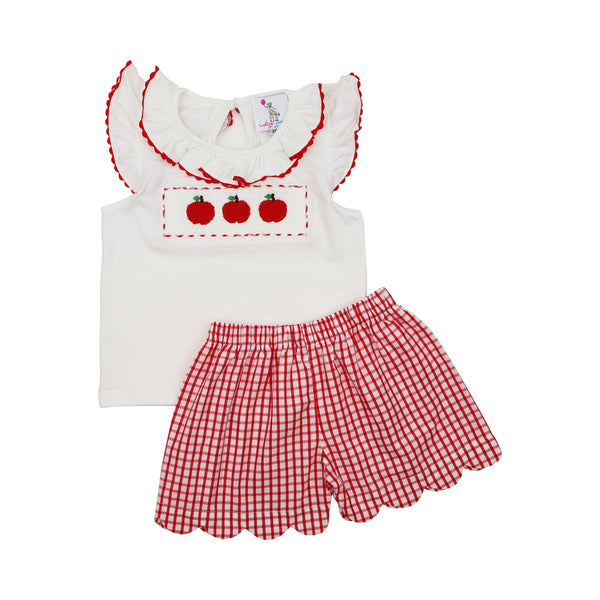 Red Windowpane Smocked Apple Ruffle Short Set