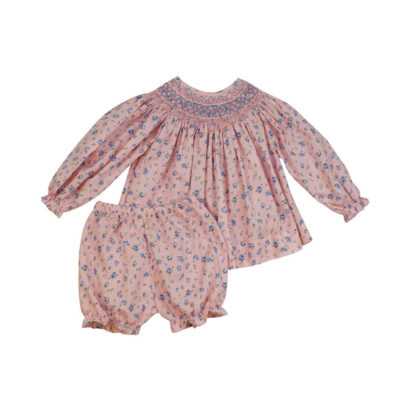 Pink and Blue Floral Smocked Rosette Bloomer Set