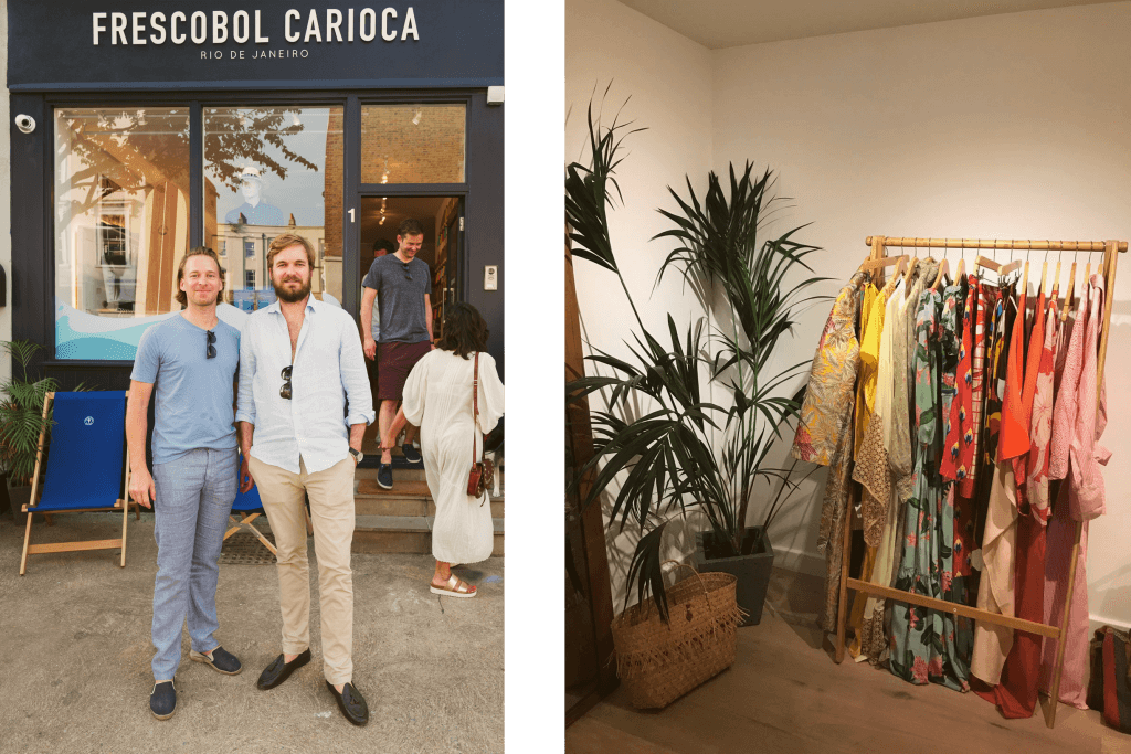 Harry and Max, Frescobol Carioca founders (left) and Adriana Degreas corner at A Place in the Sun pop up store (right)