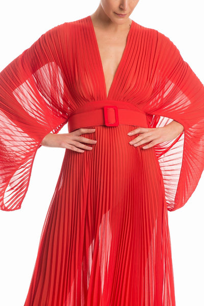 red midi pleated dress