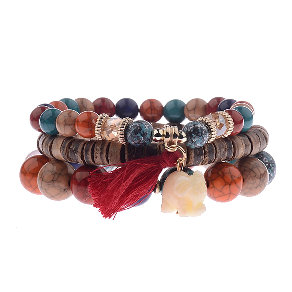 Katie's Style 3 piece Set Layered Bead Elephant Charm Tassel Stackable Stretch Statement Bracelet - Red