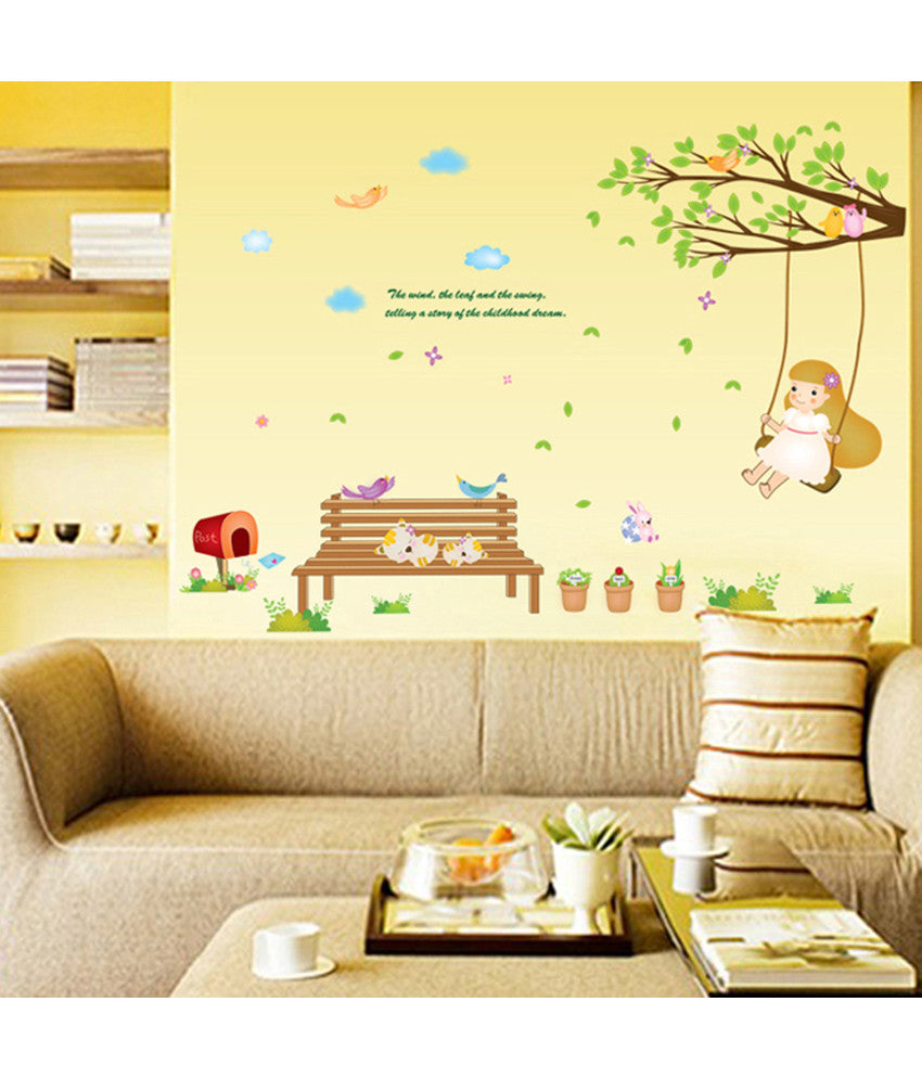 Baby Room Decor Garden Nursery Kids Theme Girl Swinging On Branch With Cute Cats