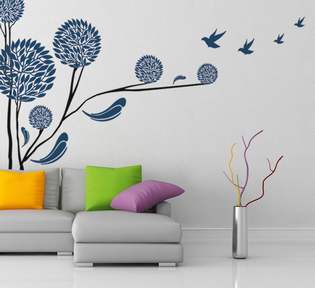 Tree in Round Shape Blue Colour Home Modern Art Vinyl with Birds ...