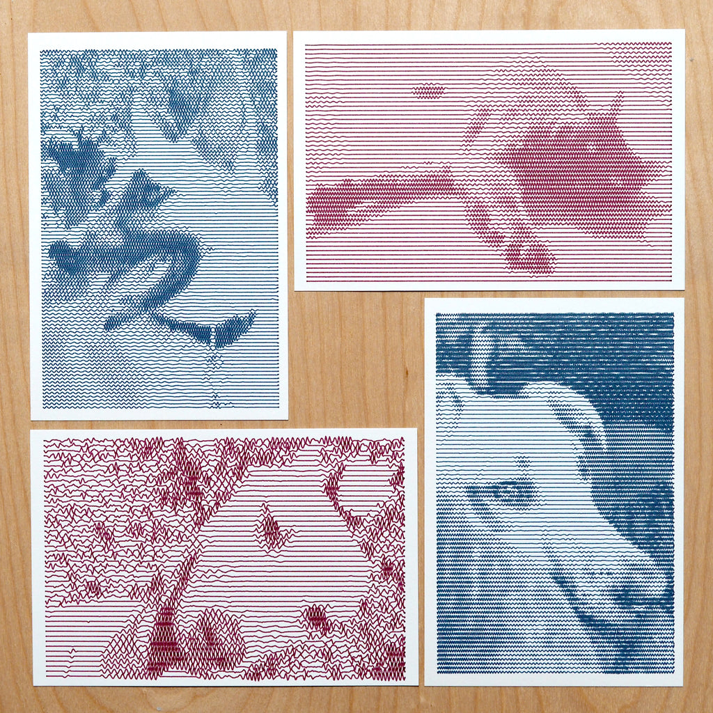pet portrait postcards drawn with an axidraw pen plotter squiggle art
