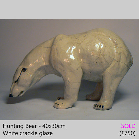 Hunting Bear - Raku Fired Polar Bear Ceramic Sculpture by Lesley D McKenzie