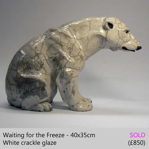 Waiting for the Freeze - Raku Fired Polar Bear Ceramic Sculpture by Lesley D McKenzie