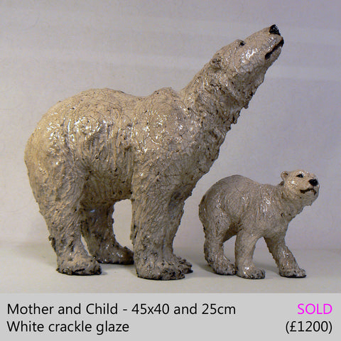 Mother and Child - Raku Fired Polar Bear Ceramic Sculpture by Lesley D McKenzie