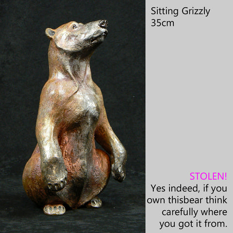 Sitting Grizzly - Raku Fired Grizzly Bear Ceramic Sculpture by Lesley D McKenzie