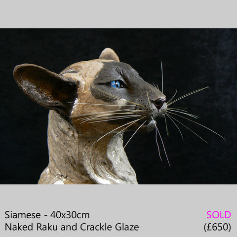 Siamese cat sculpture, raku fired ceramic sculpture by Lesley D McKenzie