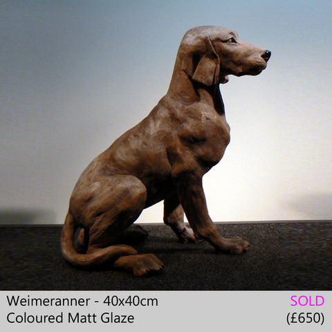 weimeranner dog sculpture, raku fired ceramic sculpture by Lesley D McKenzie