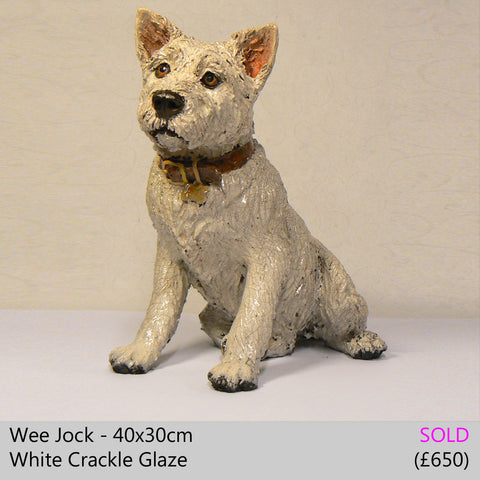 westie, west highland terrier dog sculpture, raku fired ceramic sculpture by Lesley D McKenzie