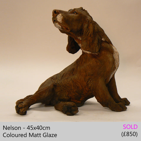 springer spaniel dog sculpture, raku fired ceramic sculpture by Lesley D McKenzie