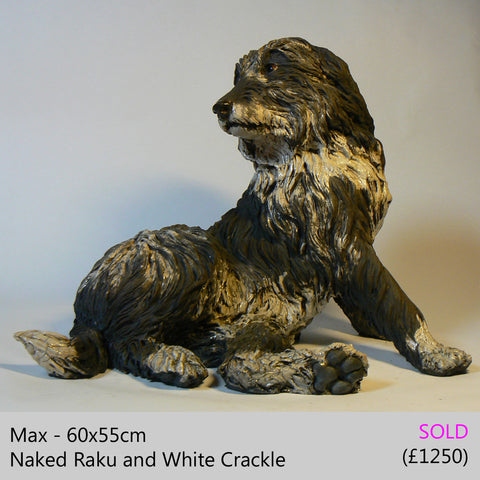 bearded collie dog sculpture, raku fired ceramic sculpture by Lesley D McKenzie
