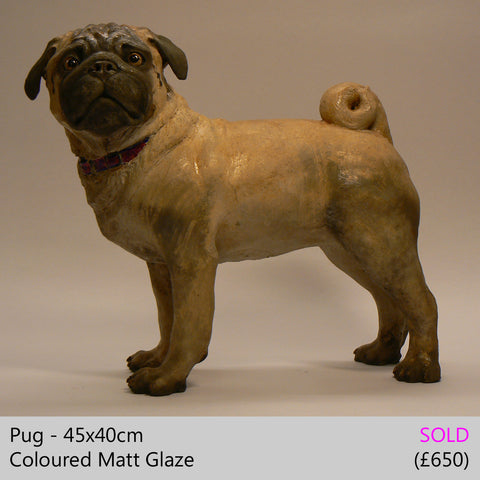 pug dog sculpture, raku fired ceramic sculpture by Lesley D McKenzie