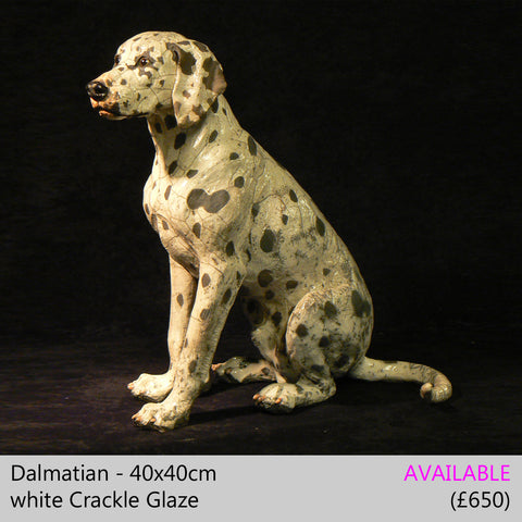 dalmatian dog sculpture, raku fired ceramic sculpture by Lesley D McKenzie