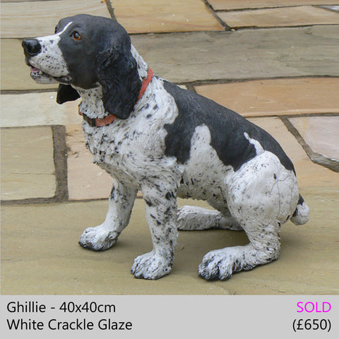 springer spaniel dog sculpture, raku fired ceramic sculpture by Lesley D McKenzie