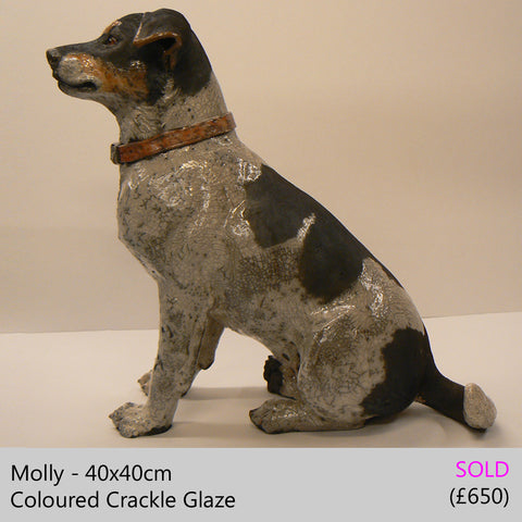 jack russel dog sculpture, raku fired ceramic sculpture by Lesley D McKenzie