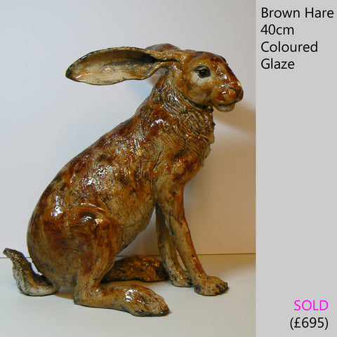 Brown Hare Sculpture - raku fired ceramic hare sculpture by Lesley D McKenzie, art and animal sculpture