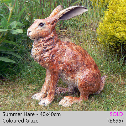 summer hare, brown hare - raku fired ceramic hare sculpture by Lesley D McKenzie, art and animal sculpture