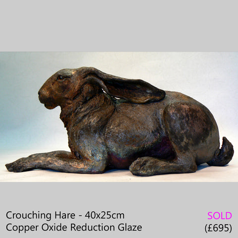 old grey hare - raku fired ceramic hare sculpture by Lesley D McKenzie, art and animal sculpture