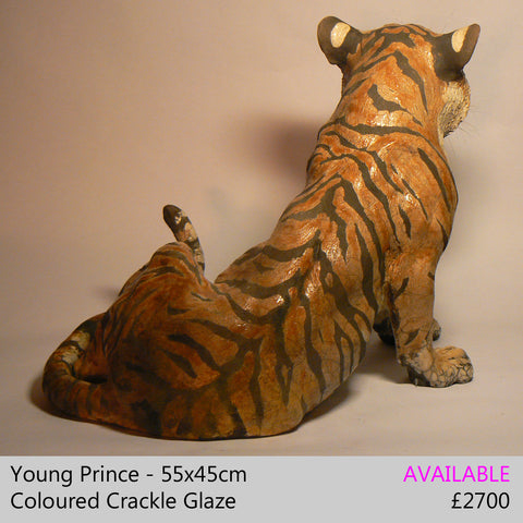 tiger sculpture big cat sculpture, raku fired ceramic sculpture by Lesley D McKenzie