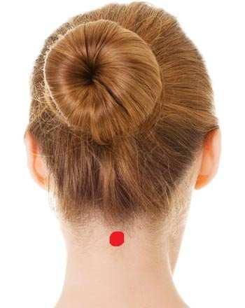 woman's back of her head with a red dot on her nape