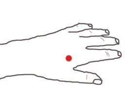 drawn diagram of hand palm down with red dot on the space between thumb and pointer finger representing acupressure point