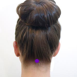 woman's back of her head with a purple dot on her nape