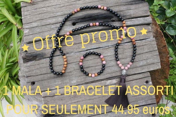Offre promo Mala 108 perles Onyx Noir - Rhodochrosite - Jaspe Paysage + Bracelet assorti