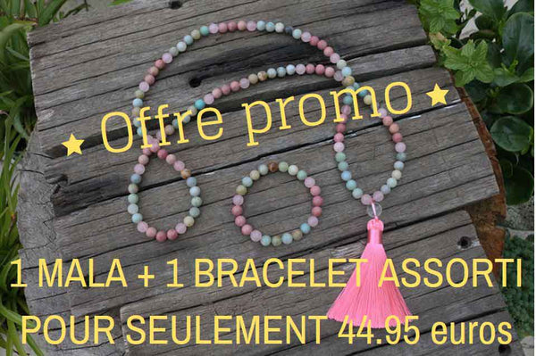 Offre promo Mala 108 perles Rhodochrosite - Amazonite - Quartz Rose + Bracelet assorti