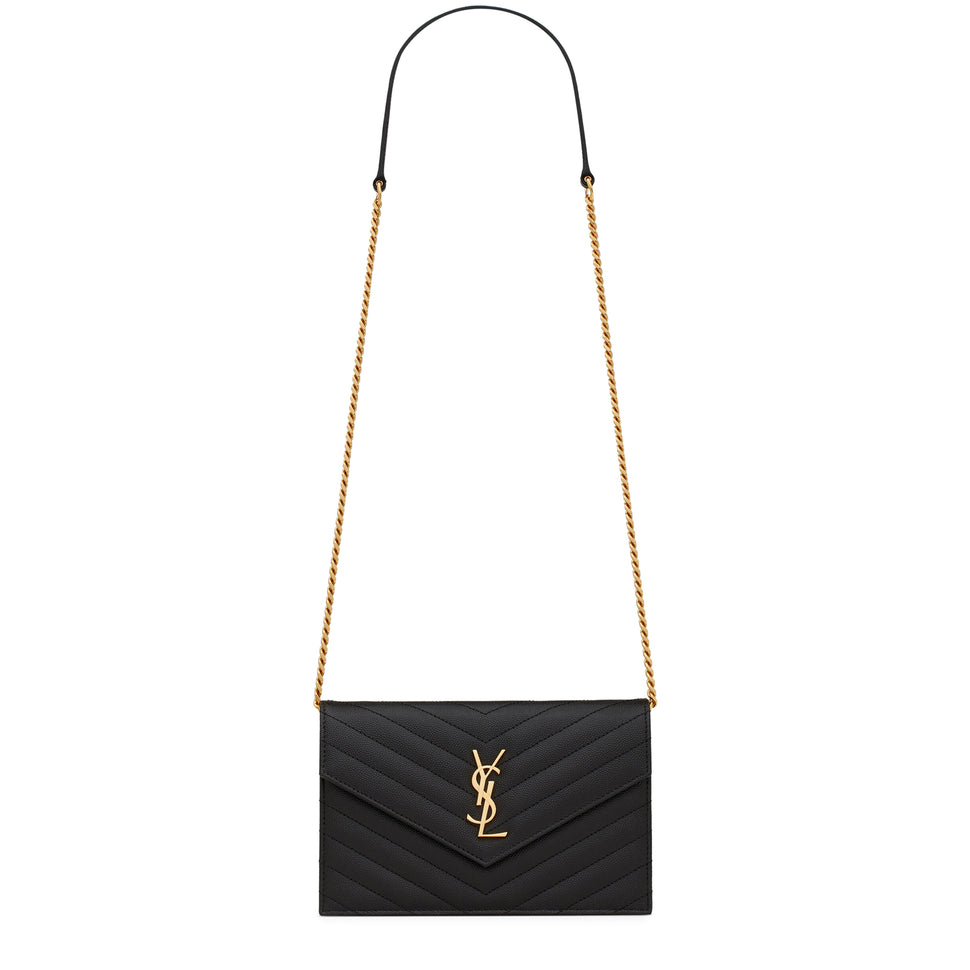 Yves Saint Laurent Cassandre Chain Wallet Leather Crossbody Bag Black