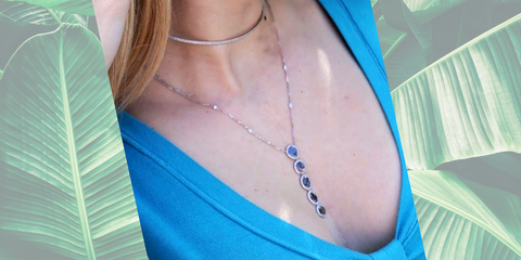 Image of long necklace with v shaped neckline. 