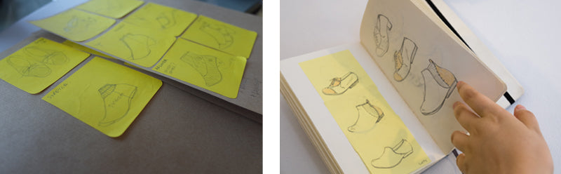 Sketches of shoes on sticky notes and a sketch book of shoes