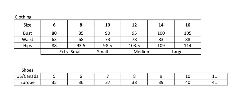 SJK Size Chart