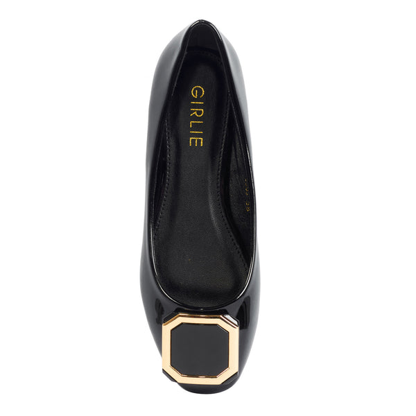 black flats with gold buckle