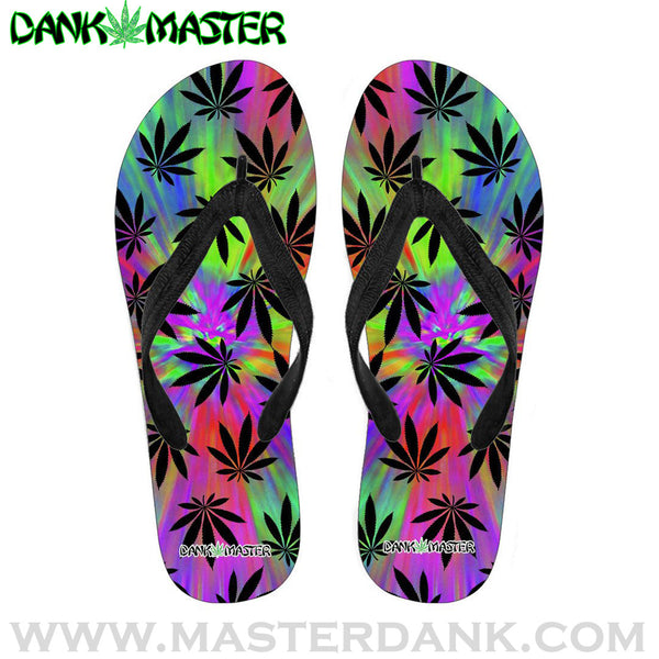 Dank Master tie dye flip flops 420 Apparel weed clothing, marijuana fashion, cannabis shoes, hoodies, pot leaf shirts and hats for stoner men and women.