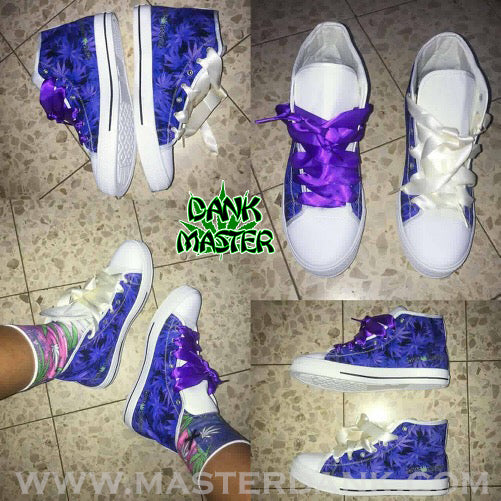 Dank Master 420 Apparel weed shoes high top purple ganja clothing, marijuana fashion, cannabis shoes, hoodies, pot leaf shirts and hats for stoner men and women.