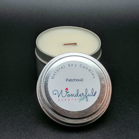 Wonderful Scents Soy Wax Tin Patchouli Candle with Wood Wick