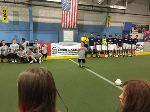 Zach Roloff gives a speech before his first annual Zach Roloff soccer fundraiser to bring awareness to dwarf athletics. Elastic no-tie shoelaces company Lock Laces was the chief and title sponsor.